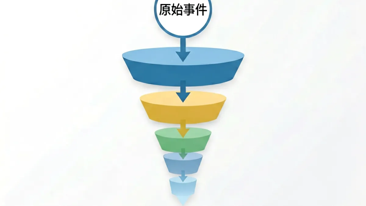 信息漏斗示意图：原始事件经多个传播节点逐层失真，最终呈现给普通用户的内容与事实相差甚远